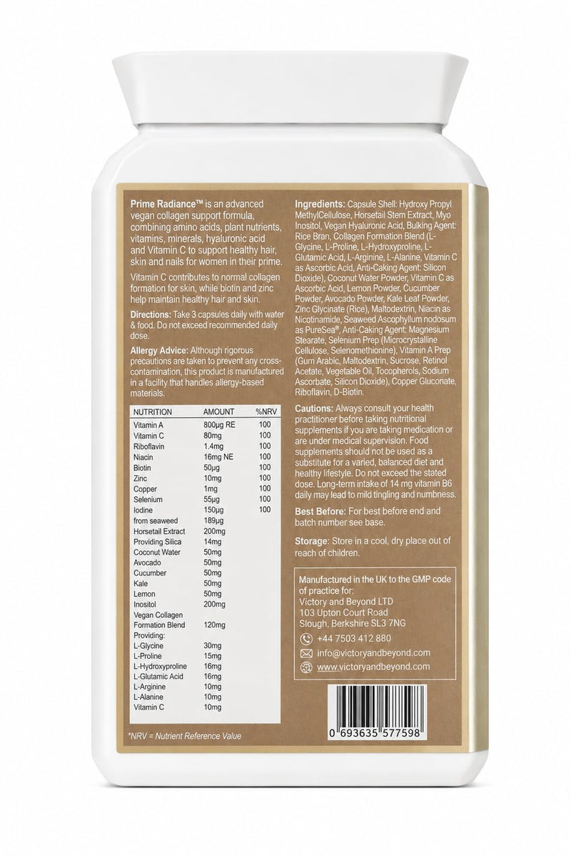 Victory & Beyond Prime Radiance – Hair Skin & Nails Supplement for Women – Vegan Collagen Formation Complex with Biotin, Hyaluronic Acid, Zinc & Vitamin C – 90 Capsules Made in the UK