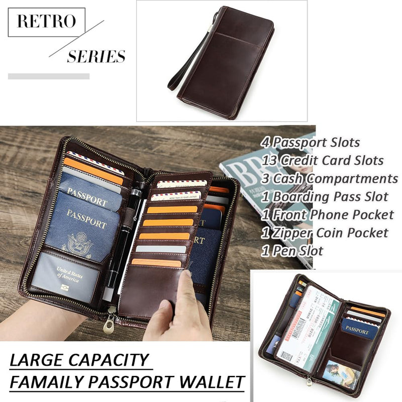 CONTACTS Travel Passport Wallet for 4 Leather Family Passport Holder Clutch Wallet Zipper Wrist Card Purse RFID Blocking with 13 Card Slot Fit up 4 Passports Glossy Coffee