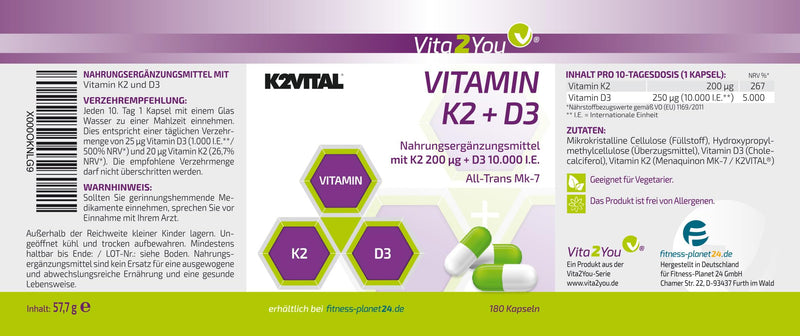 [Australia] - Vita2You Vitamin D3 + K2-180 capsules - Vitamin D3 10,000 IU + Vitamin K2 (MK-7) 200µg - Original K2VITAL® from Kappa - Premium quality 