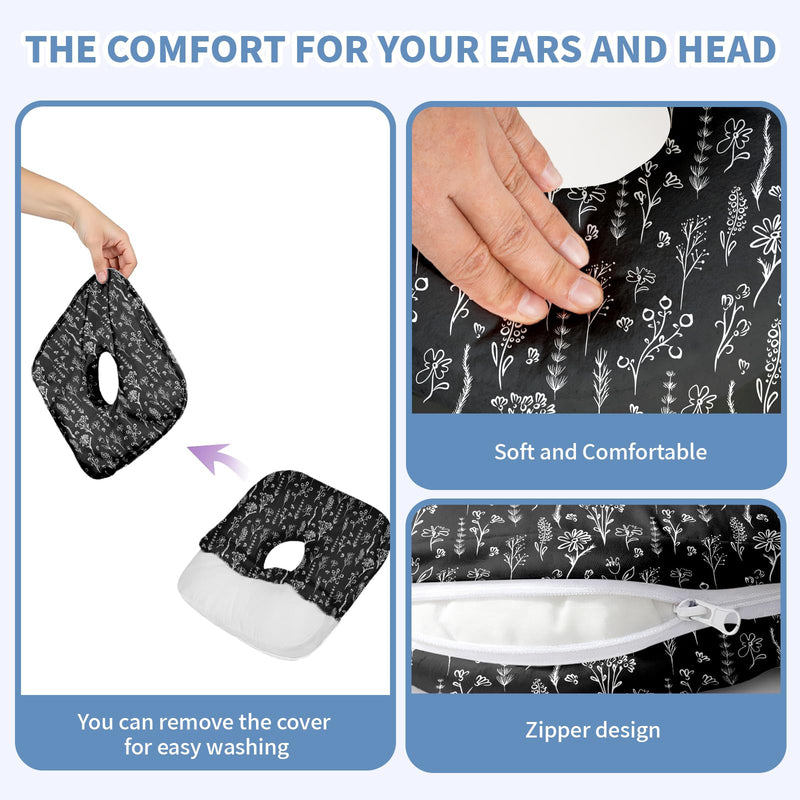 Ear Piercing Pillow for Side Sleepers, Pillow with an Ear Hole for CNH and Ear Pain Ear Inflammation Pressure Sores, O-Shaped Side Sleeping Pillow, Cow Texture Ear Guard Pillow Black/White Flowers One Size