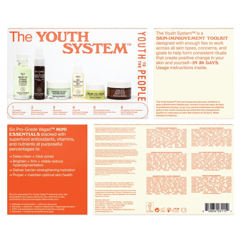 [Australia] - Youth To The People The Youth System - 6 Piece Set with Superfood Cleanser, Face Oil, Moisturizer, Vitamin C Serum, Eye Cream, Energy Facial - Vegan Skincare Kit 