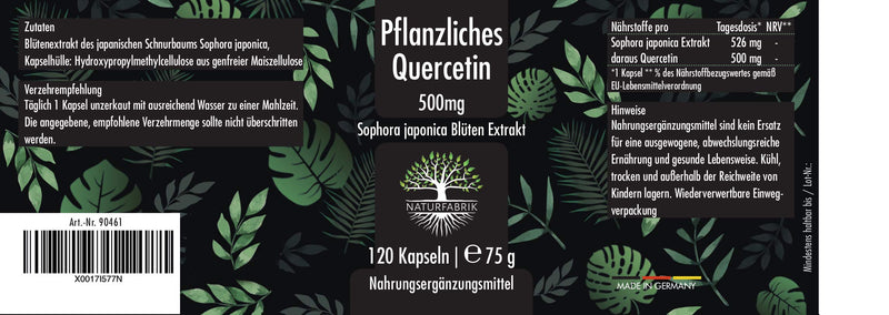 [Australia] - NATURFABRIK Quercetin 500mg | 120 capsules | 100% pure Sophora japonica flower extract from Japanese string tree | high dose | 4 month supply | Made in Germany 