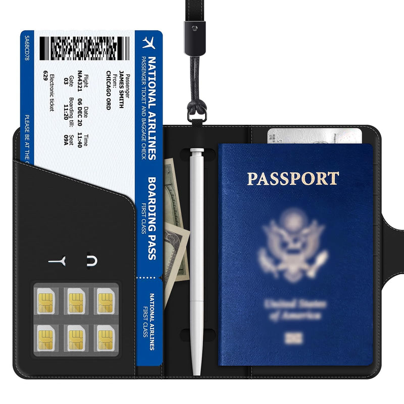 Passport Holder for Travel with Apple Find My,Waterproof RFID Blocking Passport Cover with 4 Card Slots, Wireless Charging, Magnetic Closure, Black
