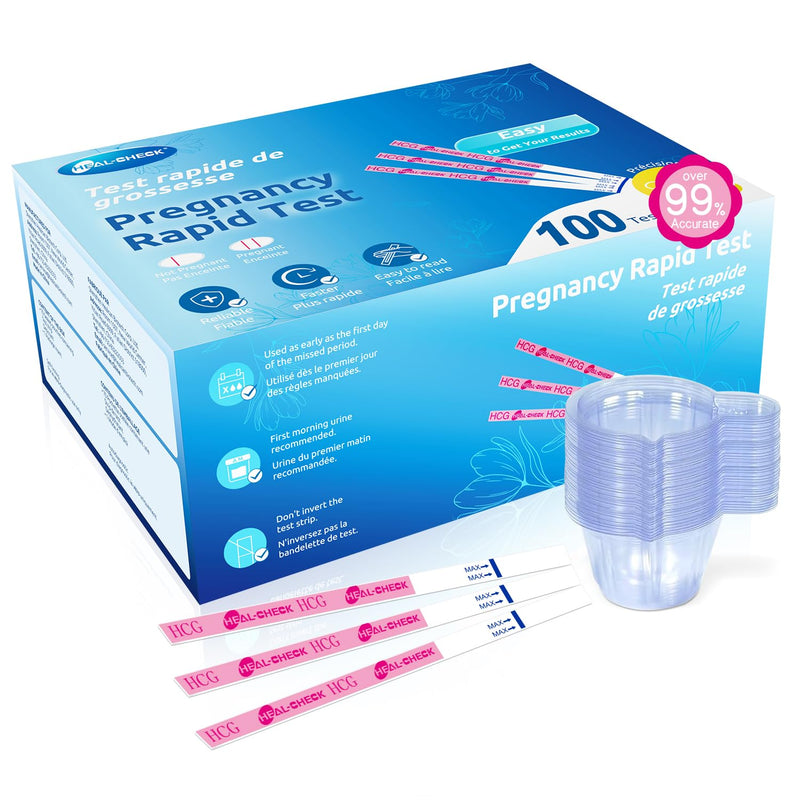 100 Count Pregnancy Tests with Cups, Bulk Pregnancy Test Strips for Detection at Home, Over 99% Accuracy, Individually Wrapped Fertility Tests, Extra-Wide 5mm HCG Tests, Pruebas De Embarazo 1 Count (Pack of 100)