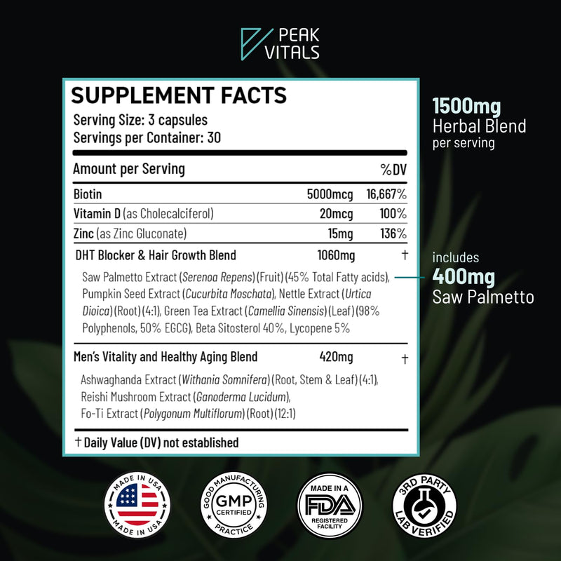 [Australia] - DHT Blocker for Men | Ultra Potent Hair Growth Formula | Saw Palmetto, Biotin, Pumpkin Seed, Herbal Extracts | Natural Hair Loss Supplements | Hair Regrowth Vitamins | Made in The USA | 90 Capsules 