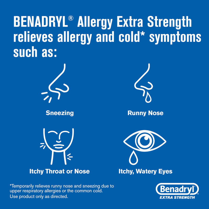 Benadryl Extra Strength Antihistamine Allergy Relief Medicine, 50 mg Diphenhydramine HCl Tablets for Relief of Allergy Symptoms Due to Hay Fever or Other Upper Respiratory Allergies, 24 ct 24 Count (Pack of 1)