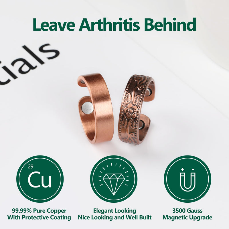 [Australia] - 2PCS Copper Rings for Women Men,Magnetic Therapy Copper Ring,Adjustable Jewelry Gift with Ring Box(Vintage Flower|Uncoated Sleek) 