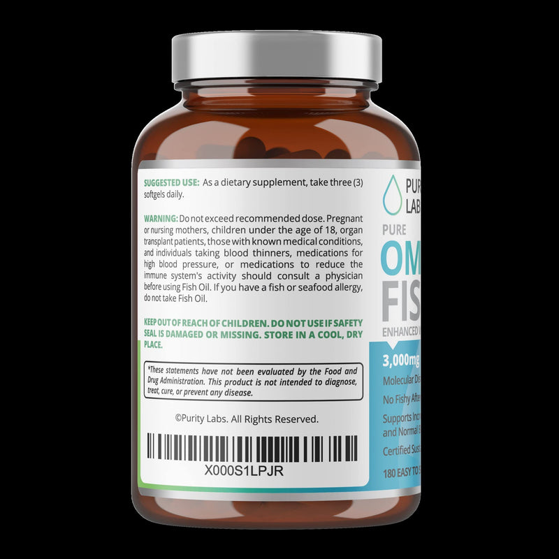 [Australia] - Purity Labs Omega 3 Fish Oil 3000mg – DHA & EPA Omega 3 Fatty Acid Supplements to support Heart and Brain Health - Immune Support Supplement - 180 Softgels (60 Servings) 1 