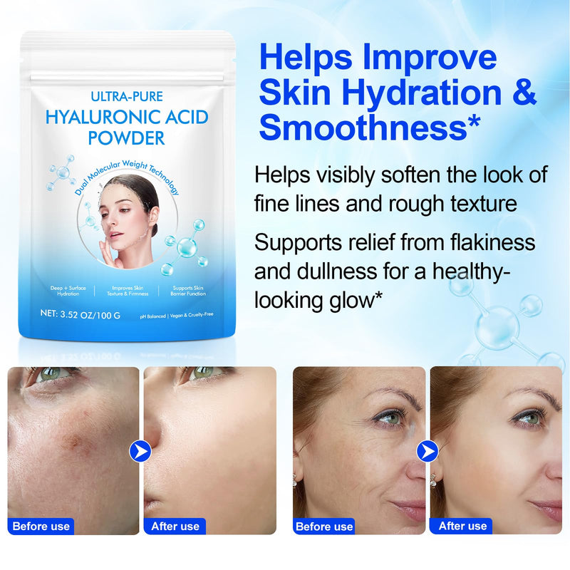 [Australia] - Hyaluronic Acid Powder for Skin (3.52 oz) - 100% Pure Hyaluronic Acid Powder, DIY Organic Hydrating Serum & Anti-Aging Ingredient, 1 Scoop = 1 Bottle of Essence 