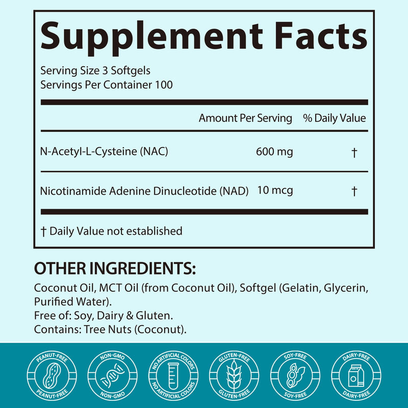 NAC Supplement 600mg N-Acetyl Cysteine with Coconut Oil for Potent Antioxidant, Immune System, Energy Level, Overall Vitality, Liver Health & Balance Support|300 Softgels