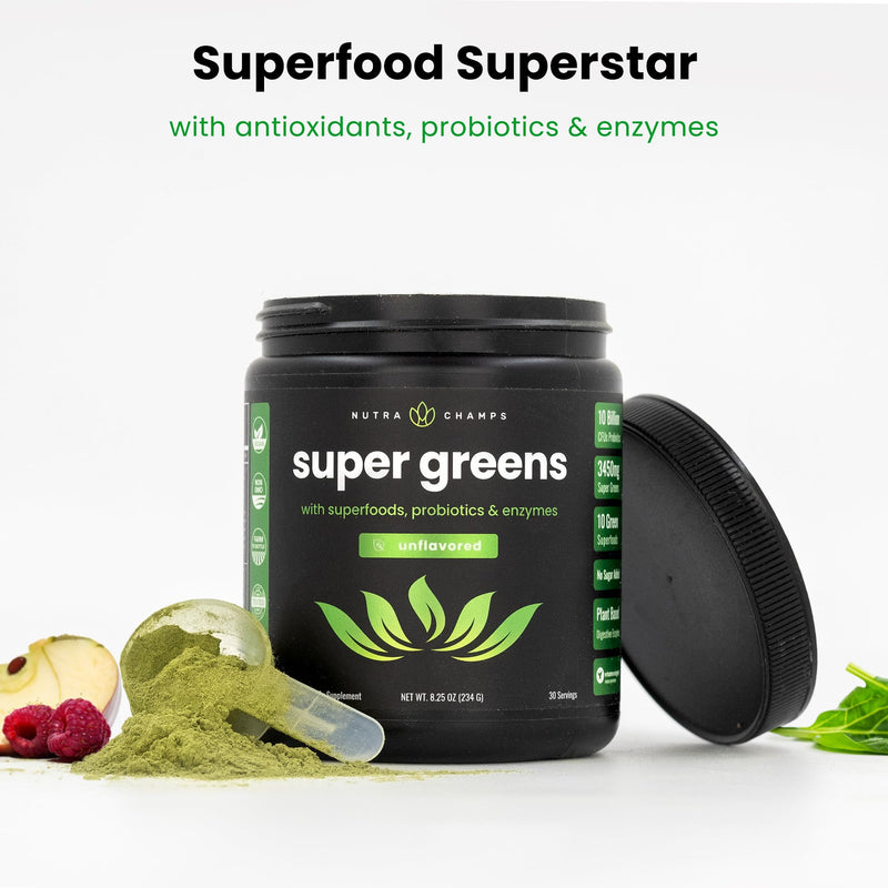 [Australia] - NutraChamps Super Greens Powder Premium Superfood | 20+ Organic Green Veggie Whole Foods | Wheat Grass, Spirulina, Chlorella | Antioxidant, Digestive Enzyme & Probiotic Blends (9.0 Oz, Unflavored) 9 Ounce (Pack of 1) 