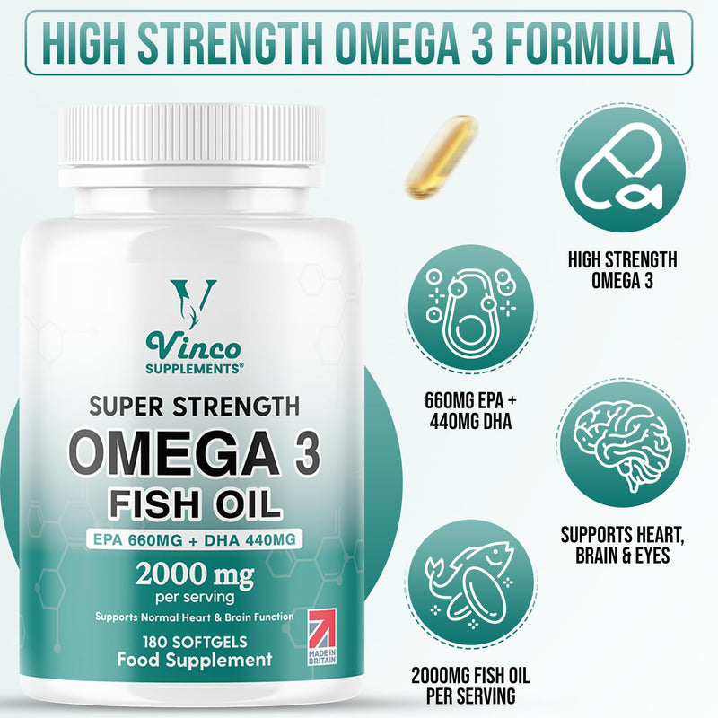 Vinco High Strength Omega 3 Fish Oil 2000mg | EPA 660mg & DHA 440mg Per Serving | Promotes Heart, Brain & Eye Health | Non-GMO GMP Certified 180 Omega 3 Softgels Capsules (3 Month Supply) - UK Made