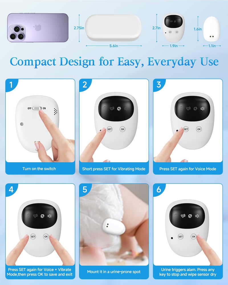 [Australia] - US-Patented Wireless Bedwetting Alarm for Boys and Girls,High Sensitivity Sensor for Deep Sleepers, USB-C Rechargeable, 3 Modes (Vibration/Sound/Combo), Split Sensor (787in), Portable Case, 20-Day Use 