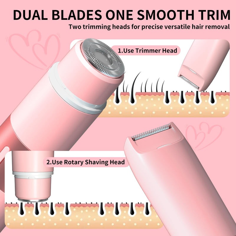 [Australia] - Bikini Trimmer for Women - 2 in 1 Painless Electric Razors for Women, IPX7 Waterproof Rechargeable LED Dual Head Electric Shaver for Lady Bikini Underarm, Body, Leg, Face Hair Remove - Pink 