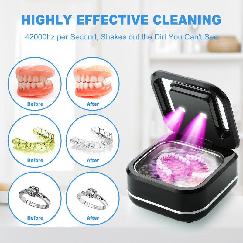 [Australia] - Ultrasonic Retainer Cleaner, Denture Cleaner Machine, Portable Sonic Cleaner Pod for Denture, Mouth Guard, Aligner, Night Guard, 180ML/42kHz Jewelry Cleaner Dark Black 
