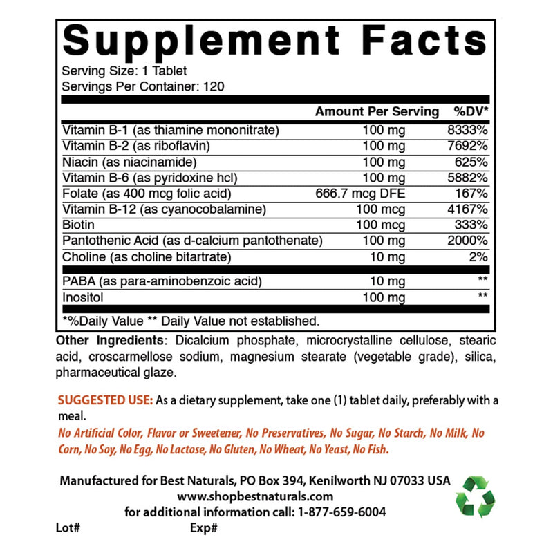 Best Naturals B 100 Complex 120 Tablets (B Complex Vitamins) (120 Count (Pack of 3)) 120 Count (Pack of 3)
