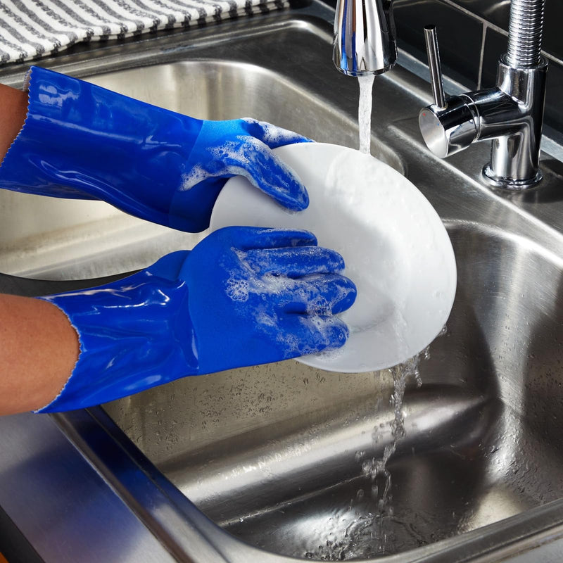 [Australia] - 2 Pairs Rubber Household Cleaning Gloves for Kitchen Dishwashing, Cotton Lined (Blue) Large (Pack of 2) 