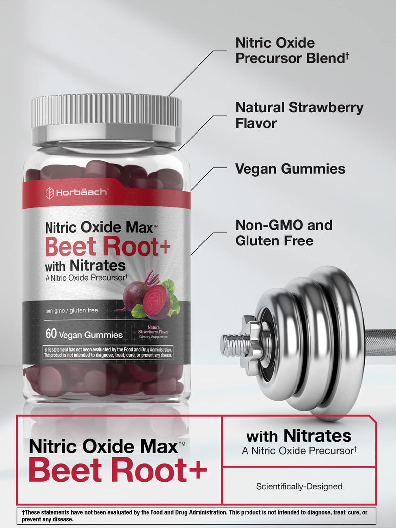 Horbäach Nitric Oxide Beet Root Gummies | 60 Count | with Nitrates | Strawberry Flavor | Vegan, Non-GMO, Gluten Free Supplement