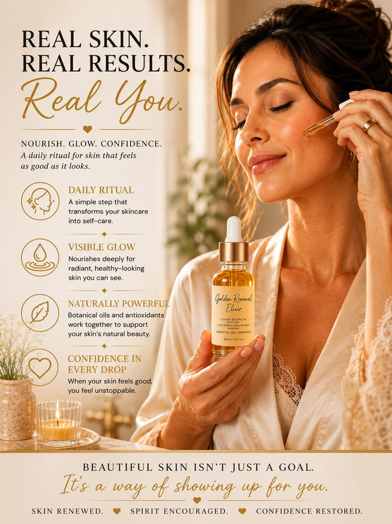 Bodji Golden Renewal Elixir Face Oil for Mature Skin, Hydrating Organic Face Oil, Rosehip Oil, Black Seed Oil, Evening Primrose Oil, Sweet Almond Oil & Vitamin E, Lightweight Serum for Dry, Aging Skin