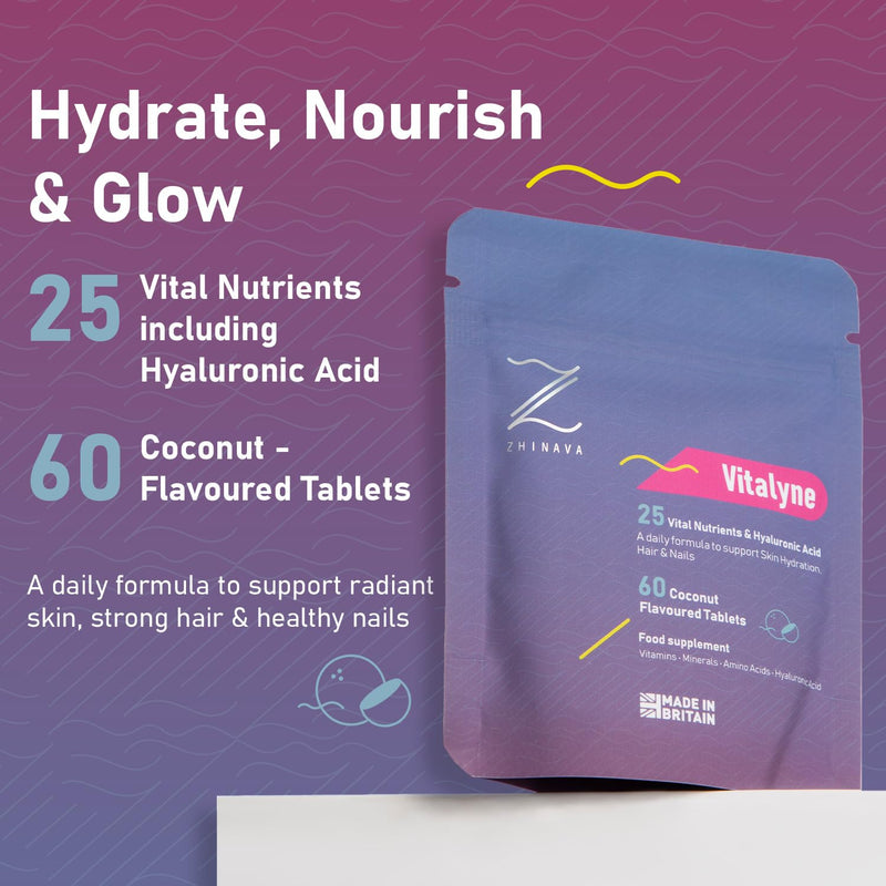 Vitalyne Hair, Skin & Nails Vitamins with Biotin & Hyaluronic Acid – Hair Growth Supplement for Women & Men – 25 Nutrients – 60 Coconut Tablets (60 Day Supply) – Made in UK