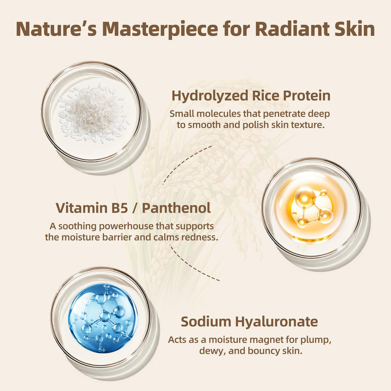Rice Essence Face Serum Hydrating Glass Skin 1.01 fl oz | Rice serum with hydrolyzed rice protein, Vitamin B5, Vitamin C and sodium hyaluronate hydrates for a smooth glass-like glow.