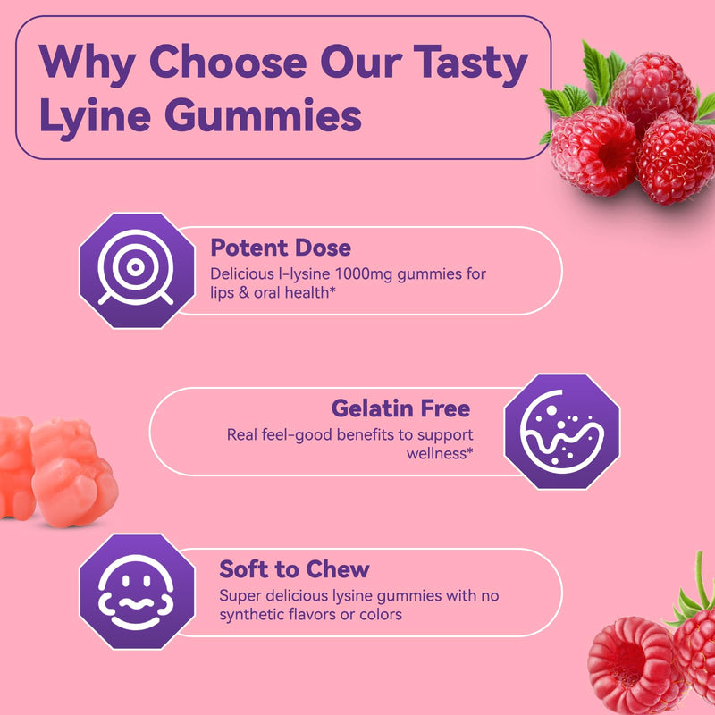 [Australia] - L-Lysine 1000mg Gummies, Chewable Lysine Supplement for Adults, Lysine Gummies for Lip Health, Immune Support- Vegan, Gluten-Free, Sugar-Free, 60 Counts 60 Count (Pack of 1) 