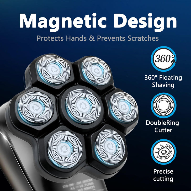 [Australia] - Magnetic 7D Head Shaver Replacement for Bald Men, Universal 7 Blades Floating Head for Electric Rotary Shaver, Razor Head with Brush Accessories 