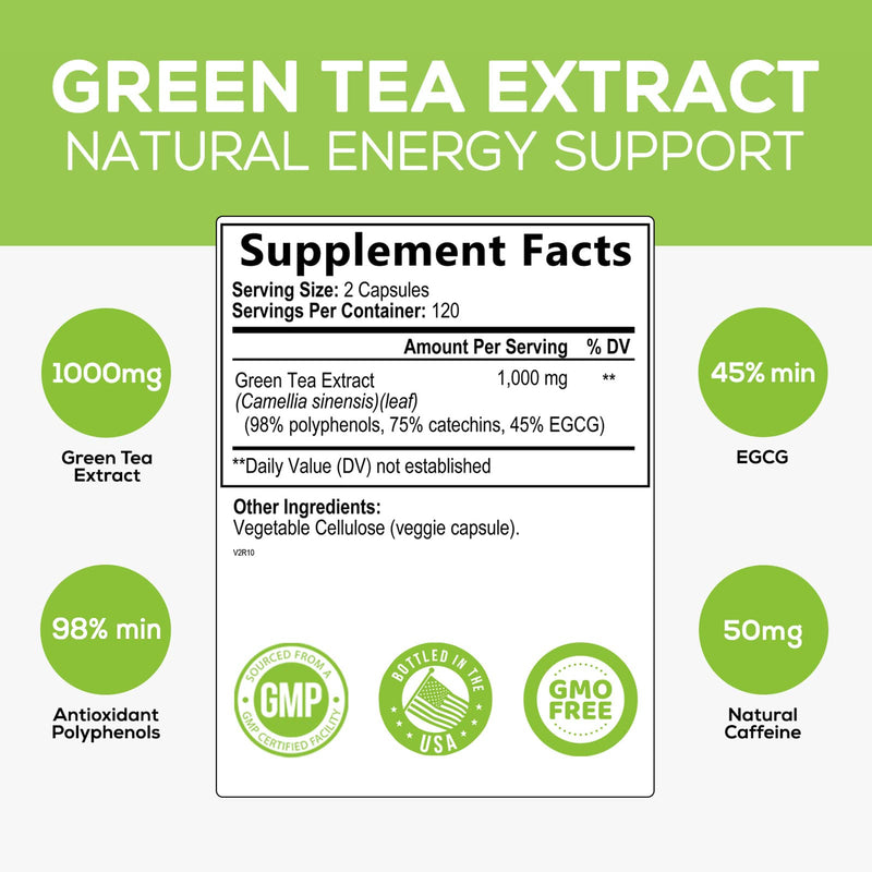 [Australia] - Green Tea Extract Capsules 1000mg 98% Standardized EGCG - 3X Strength for Natural Energy - Heart Support with Polyphenols - Gentle Caffeine - 240 Capsules 240 Count (Pack of 1) 