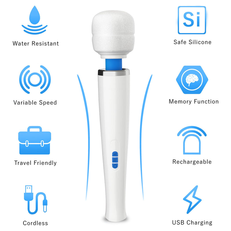 Therapeutic Cordless Massager - Powerful Massage Tool Handheld 8 Speeds 20 Patterns - Rechargeable Hand Massagers for Sore Muscles - Hand Held Massage Tool for Neck & Back White/Blue