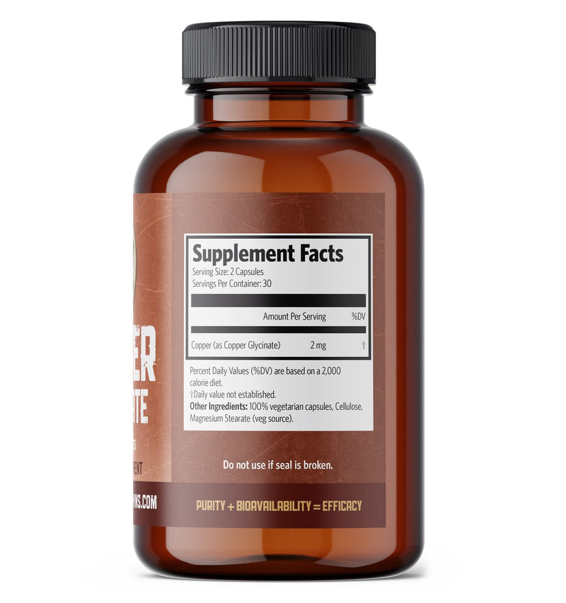 [Australia] - Pure Lab Vitamins Copper Glycinate Mineral Supplement -1 mg - 60 Vegan Caps Essential for Collagen Production, Supports Immune System & Red Blood Cell Formation - Gluten Free Made in Canada 