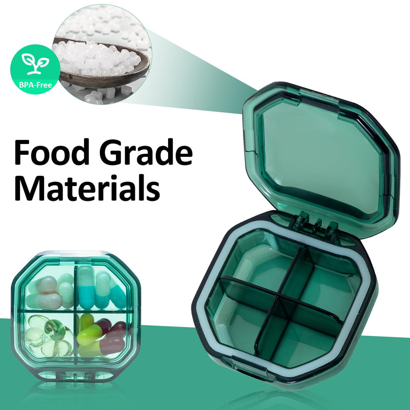 2 Pack Small Pill Organizer, 4 Compartment Pill Box for Travel, 2-Inch Portable Pocket Pill Case for Purse, Vitamin & Supplement Medication Organizer, Travel Essentials Container (Green+Green) Green+green