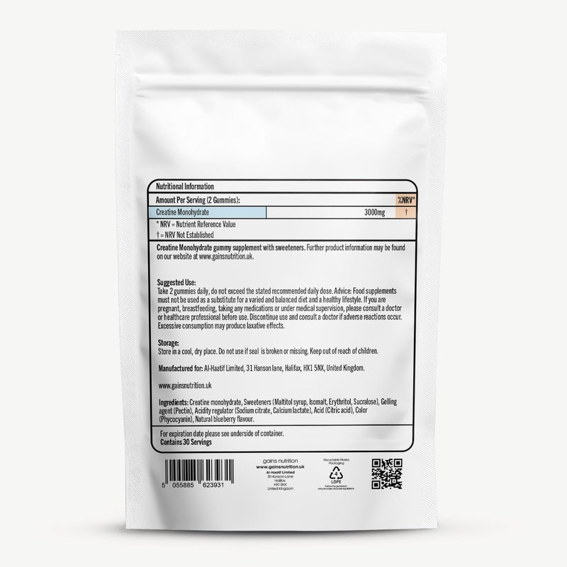 GN Creatine Gummies 3000mg Per Serving | 60 Sugar Free Real Creatine Monohydrate Gummies (30 Servings) | Blueberry | Vegan | Made in UK