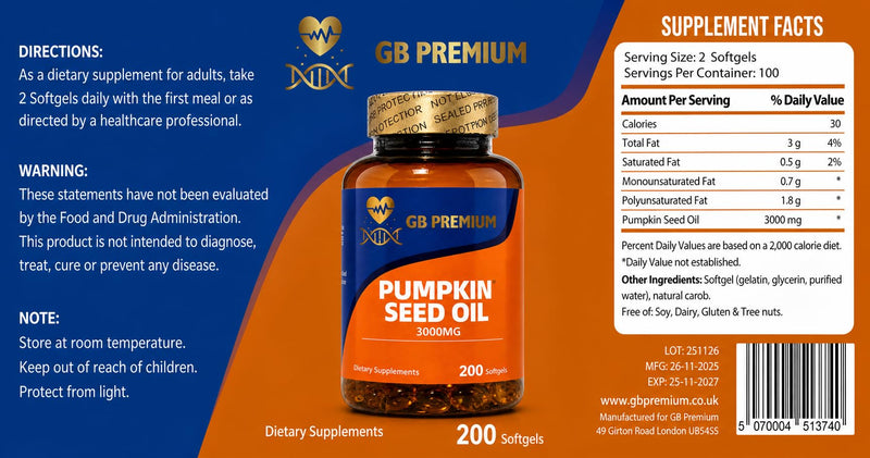 Pumpkin Seed Oil 3000mg, Cold Pressed Pumpkin Seed Oil Softgels, Omega 6 & 9 with Linoleic and Oleic Acid, Dietary Supplement, 200 Softgels