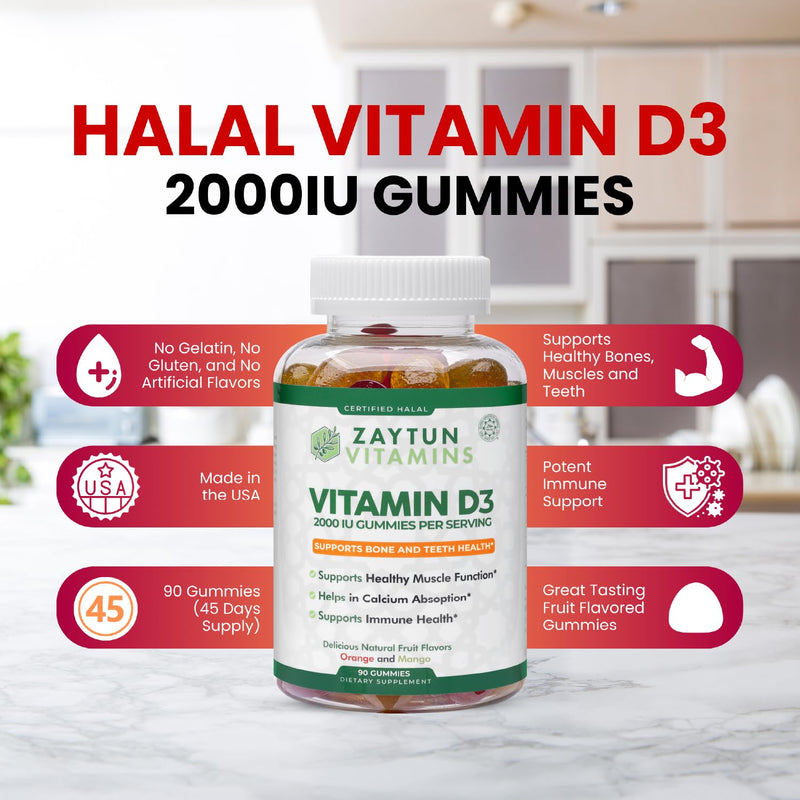 Zaytun Halal Vitamin D3 2000 IU Gummies, Supports Bone & Immune Health, Promotes Muscle Function, Gluten & Gelatin Free, 90 Natural Fruit Flavor Gummies, Made in USA - Halal Vitamins 1