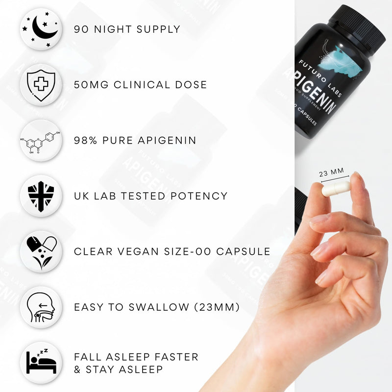 Apigenin 50mg Supplement - Optimal Dosage for Sleep & Relaxation, High Purity, UK Made, Lab Tested, Non-GMO, Natural Apigenin Supplement, 98%+ Purity- (90 Caps/90 Day Supply)