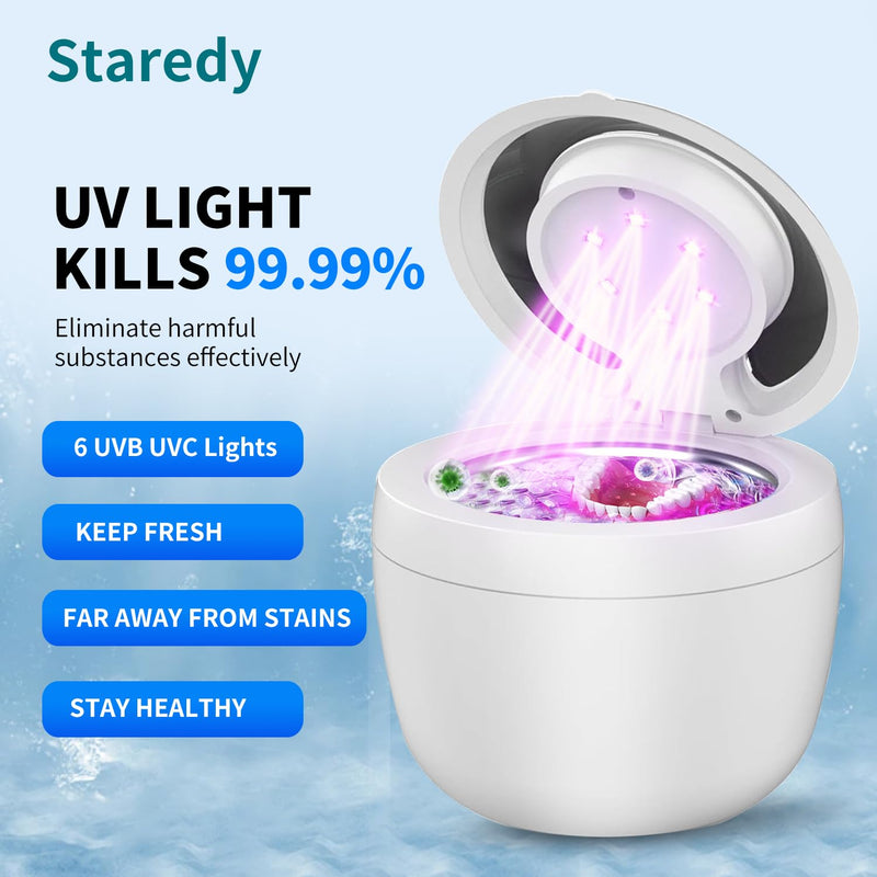 [Australia] - Staredy Ultrasonic Retainer Cleaner for Dentures,Oral Dental, 6 UV Lights-4 Mode-200ML Denture Cleaner Machine for Aligner,Braces, Jewelry with Mouth Guard Cleaner-Touchscreen (white) white 