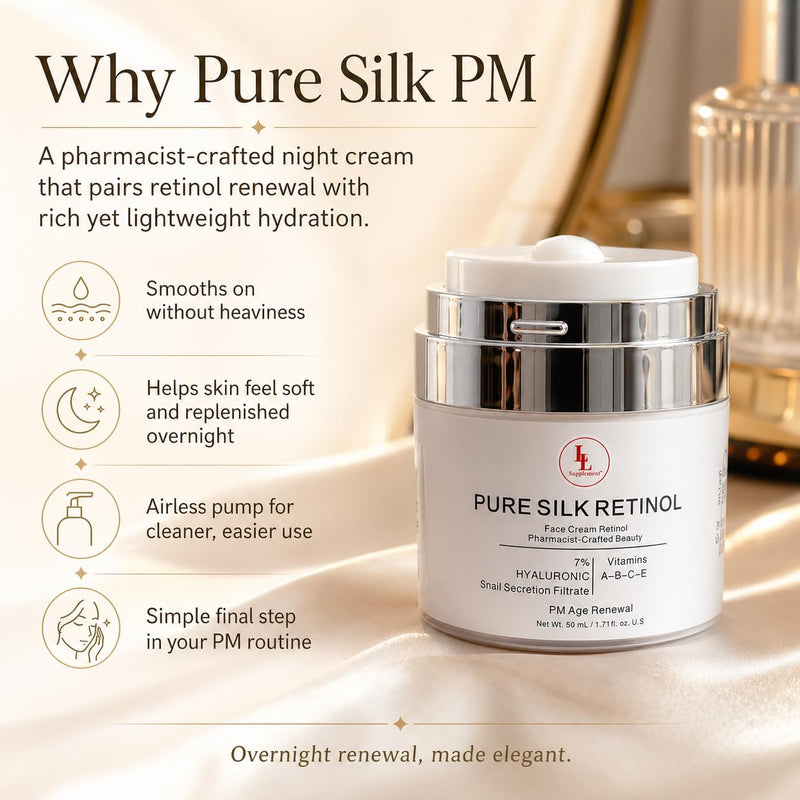 Pure Silk Retinol Night Cream – Pharmacist Formulated Anti-Aging Face Moisturizer Snail Mucin & 7% Hyaluronic Acid – Vitamin A-B-C-E Complex for Wrinkles – Non-Greasy PM Renewal (50ml)