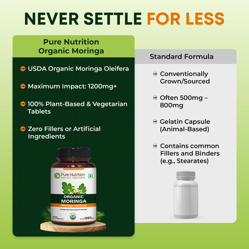 Pure Nutrition Organic Moringa 1200mg |120 Veg Tablets | USDA Certified Organic | Superfood with Vitamins, Minerals and Essential antioxidants | Vegan Supplement | Non-GMO