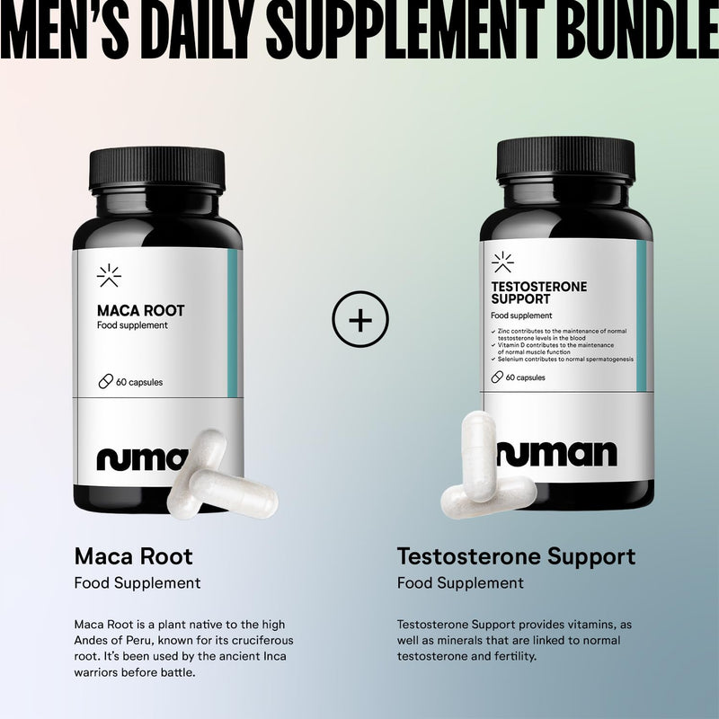 Numan Men’s Daily Supplement Bundle | Maca Root Capsules 2500mg 10:1 Extract + Testosterone Support with Zinc, Selenium & Vitamin D | Daily Nutritional Support for Men | 60 + 60 Capsules