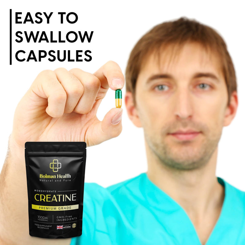 Creatine Monohydrate | 60 Capsules | 30 Day Supply | 1000mg Per Serving | Supports Muscle Strength & Performance | Pre & Post Workout Supplement for Men & Women | Vegan Capsules