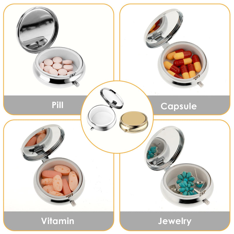 2Pcs Pill Box Small Pill Case for Purse or Pocket, Portable Cute Pill Container Metal Pill Box Decorative Medicine, Vitamin, Fish Oil and Supplements Holder Organizer (Silver&Gold) Silver&gold