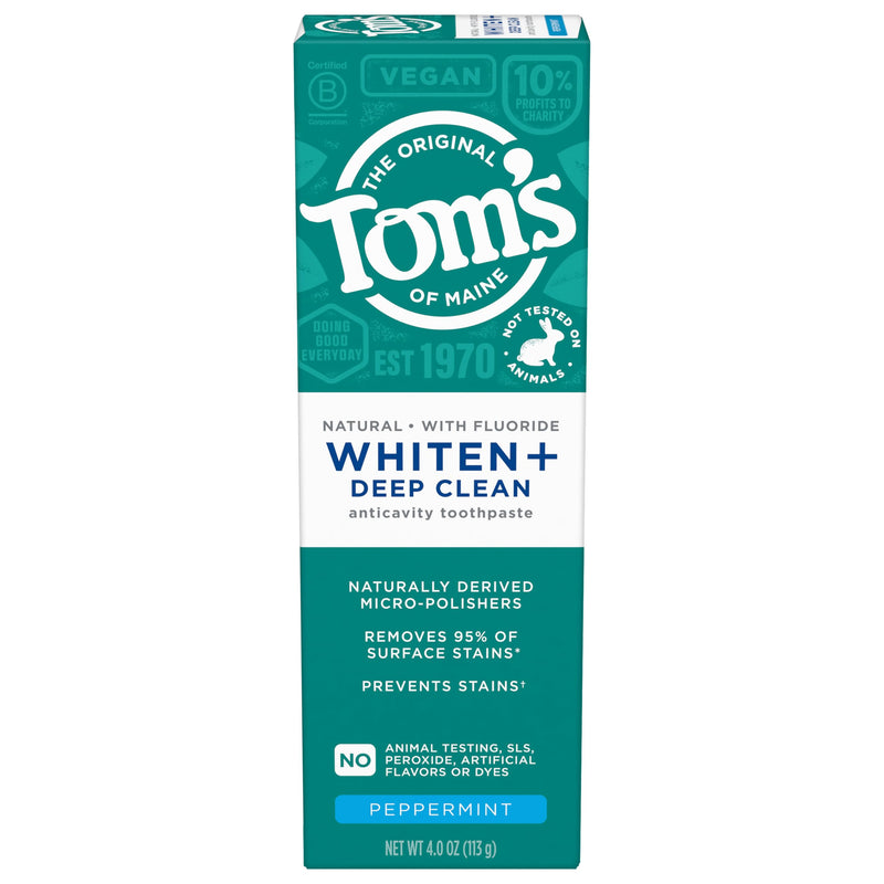 Tom's of Maine Whiten Plus Deep Clean Whitening Toothpaste, Natural Whitening Toothpaste with Plant-Based Cleansers, Enamel Safe, Whitens Without Causing Sensitivity, Peppermint, 4.0 oz (Pack of 3) Peppermint - Fluoride 4 Ounce (Pack of 3)