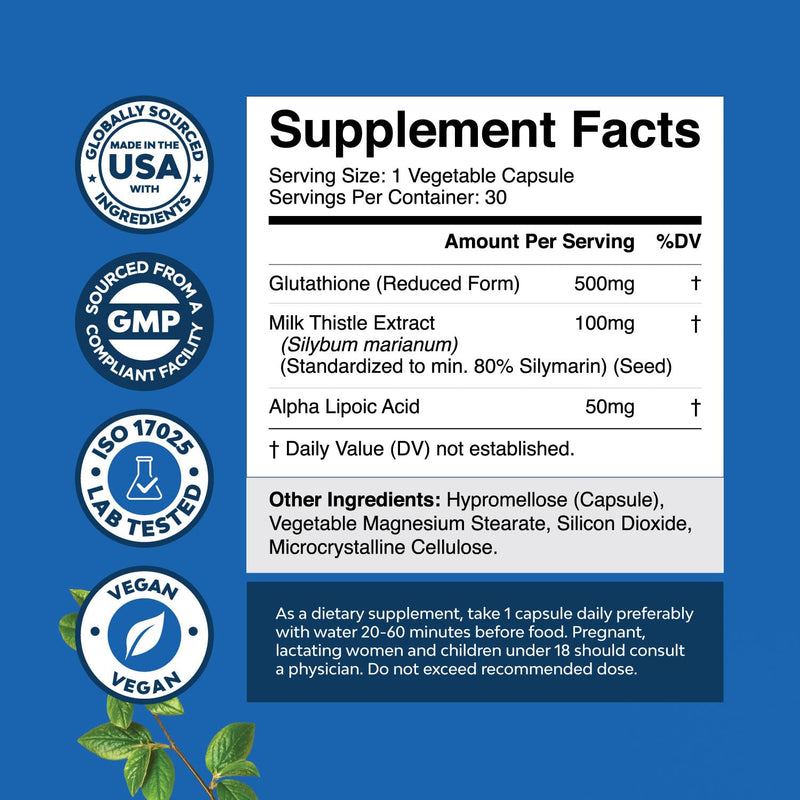 [Australia] - Reduced Glutathione Supplement with Milk Thistle - 500 mg per Serving Pure L Glutathione with Alpha Lipoic Acid & Milk Thistle Silymarin for Skin Radiance, Liver Support & Immune Support - 30 Count 500mg 30 Count (Pack of 1) 
