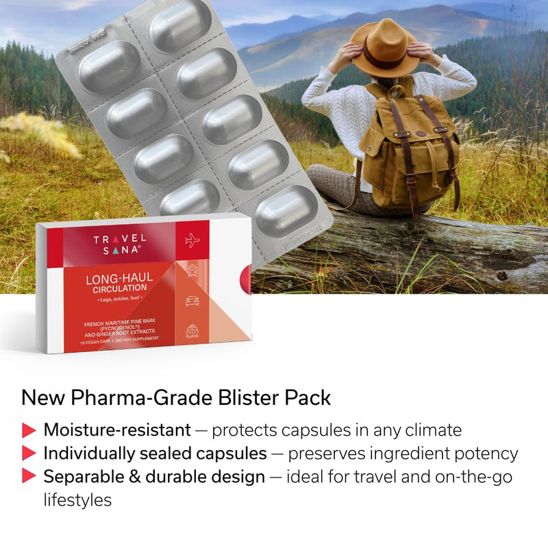 [Australia] - Long-Haul Circulation Relieves Leg Discomfort, Reduces Swollen Feet, Legs, Ankles from Prolonged Sitting, Travel Essentials, Pycnogenol 100mg, Ginger Extract, 10 Servings (Veg Caps) 10 Count (Pack of 1) 