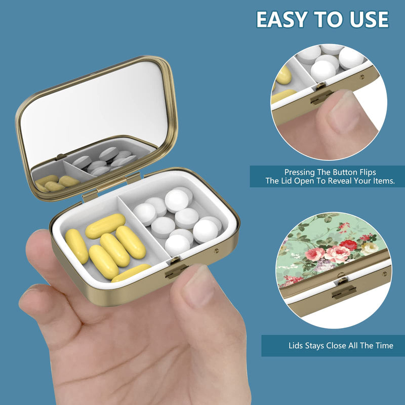 Pill Case Pill Box with Mirror Retro 2 Compartment Small Pill Case for Purse or Pocket Bronze Rectangular Pill Box or Vitamins, Fish Oil, Supplements, Pill Containe Travel Gifts（White Marble） 1 piece F-22-white Marble