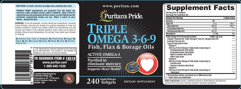 [Australia] - Puritan's Pride Triple Omega 3-6-9 Fish, Flax & Borage Oils, Supports Heart Health and Healthy Joints, 240 ct (Pack of 1) 