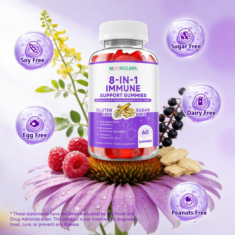 Immune Support Gummies – 8-in-1 Formula Herbal Supplements with Astragalus, Elderberry, Quercetin, Bromelain, Echinacea, Vitamin C, D3 and Zinc for Everyday Balance, Raspberry Flavor, 60 Count 60 Count (Pack of 1)