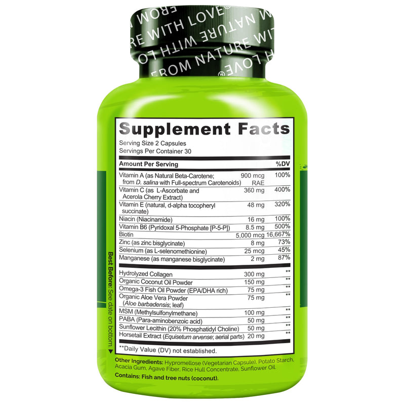NATURELO Hair, Skin and Nails Vitamins - Biotin, Collagen - 60 Capsules | 5000 mcg, natural vitamin E, healthy skin, hair growth supplement for women and men Unflavored 60 Count (Pack of 1)