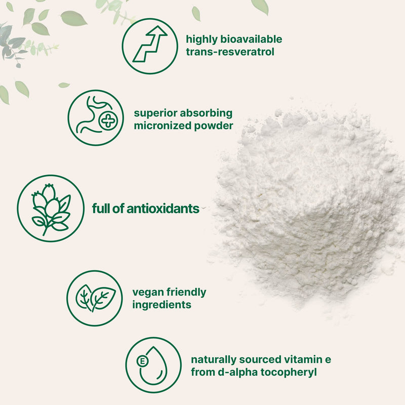 [Australia] - Pure Trans-Resveratrol Powder with Natural Vitamin E, 5 Ounce, 2 in 1 Formula, Micronized Powder for Better Absorption, Premium Resveratrol Supplement, Super Antioxidant, Vegan Friendly 