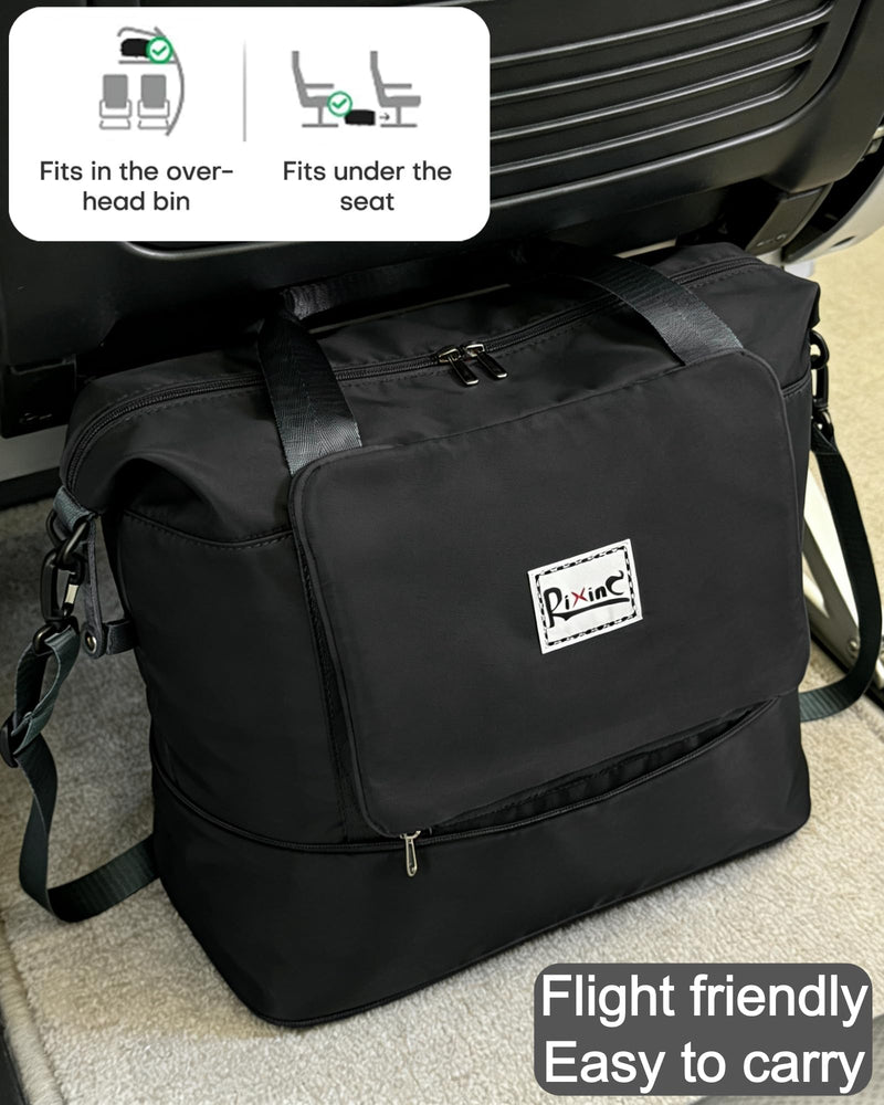 Foldable Travel Duffel Bag for Women, Black | 40L Expandable Carry on Bag Personal Item Flight Approved Lightweight Water Resistant Overnight Weekender Bag, Nylon